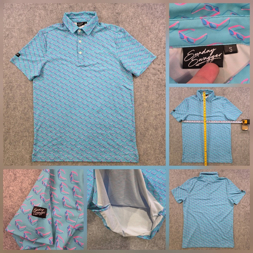 Sunday Swagger Polo Shirt Mens Small Blue Sunglasses Print Golf Performance